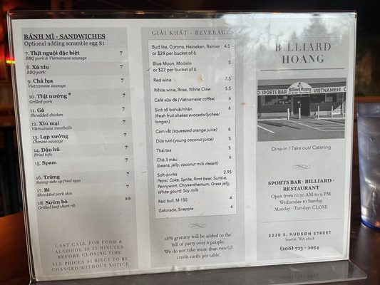 Menu photo 6 Billiard Hoang Seattle, WA Menu photo 6 Billiard Hoang Seattle, WA