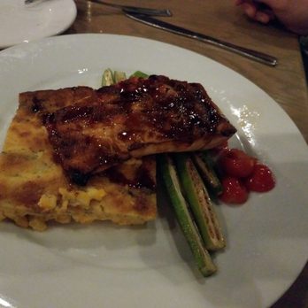 Sprig Restaurant - Salmon dinner entree (okra, tomatoes, corn pudding) - Southern Near Me - Decatur, Georgia