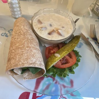 Mallie Kylas Cafe - Combo chicken salad wrap + soup (Swiss potato!) - Breakfast & Brunch Near Me - Brooksville, Florida