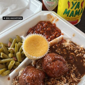 Soul Haus Kitchen - Meat Ball Stew Thursday Special, Green Beans, BBQ Beans, Corn Bread - Soul Food Near Me - Lafayette, Louisiana Soul Haus Kitchen - Meat Ball Stew Thursday Special, Green Beans, BBQ Beans, Corn Bread - Soul Food Near Me - Lafayette, Louisiana