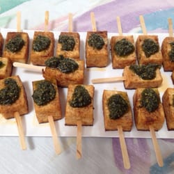 The Green Plate - Tofu lollipops topped with homemade pesto! Don't knock 'em till you try them!