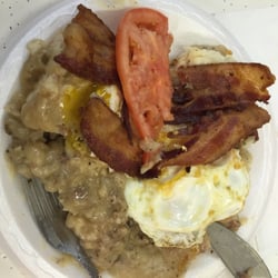 Marathon #5 Grill - My breakfast one of the days we ate there; 2 biscuits, gravy, 2 eggs 4 slices of bacon & tomato slice; had a menu to post but cannot find it