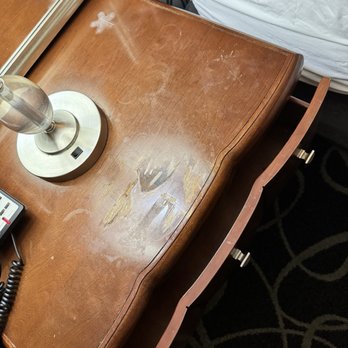 Park Manor Hotel - The drawer doesn't even close but look how gross and stained/stick the top of this night stand is. So gross - Hotels Near Me - Clifton Park, New York Park Manor Hotel - The drawer doesn't even close but look how gross and stained/stick the top of this night stand is. So gross - Hotels Near Me - Clifton Park, New York