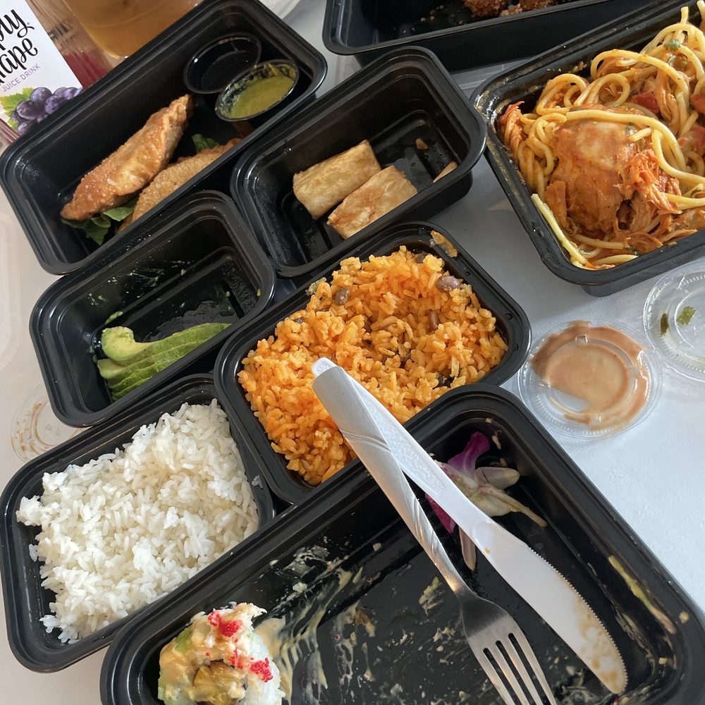 WHITE RICE & rice & sushi & chicken & breaded steak & spaghetti with chicken & empanadas & AVOCADO & YUCA FRITA