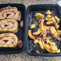 Dawns Ny Bakery - Side by side of frosting & jelly in the yule log. Right side is a small amount of cake left after removing frosting from 3 slices
