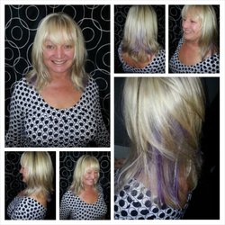 Zen Salon at the Landing - Carolyn ~ All over root touch up with Icy blonde hi-lites and just a few Purple slices. Textured Rocker Shag. www.zensalonatthelanding.com