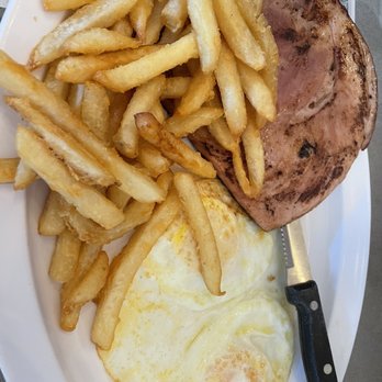 Jack's Restaurant & Bakery - Ham Steak Combo 12/1/21 $10.99 - SOLID slice of ham, French fries & 2 eggs over medium. - American Near Me - Bishop, California Jack's Restaurant & Bakery - Ham Steak Combo 12/1/21 $10.99 - SOLID slice of ham, French fries & 2 eggs over medium. - American Near Me - Bishop, California