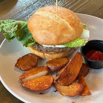 Oak Wood Fire Kitchen - Their classic burger with over seasoned Jo-jo's - Pizza Near Me - Draper, Utah Oak Wood Fire Kitchen - Their classic burger with over seasoned Jo-jo's - Pizza Near Me - Draper, Utah