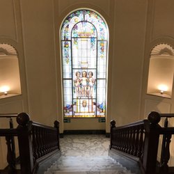 MACI - Museo Arte Contemporanea Imperia - Stained glass window visible from the main, marble covered, staircase of Villa Faravelli, where the MACI collection is housed.