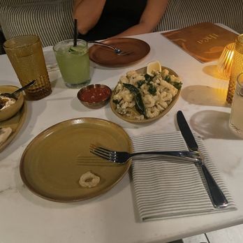 théa - Whipped ricotta with honey and fig with pita, calamari with marinara, two skinny (regular and cucumber) margaritas. - Mediterranean Near Me - Phoenix, Arizona théa - Whipped ricotta with honey and fig with pita, calamari with marinara, two skinny (regular and cucumber) margaritas. - Mediterranean Near Me - Phoenix, Arizona