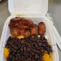 Thrifty Specialty Produce & Meats - BBQ ribs, yellow rice and beans, plantains from the hot bar. Very delicious and enough for two people.