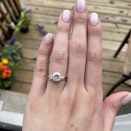 My custom 3 stone engagement ring in all rose gold, diamonds provided by me. My custom 3 stone engagement ring in all rose gold, diamonds provided by me.