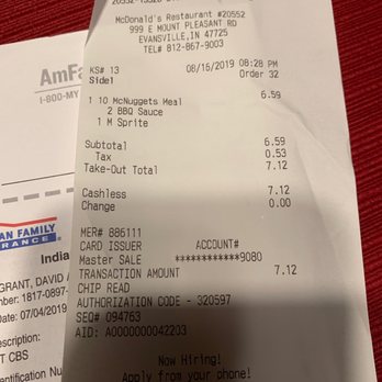 McDonald's - the receipt for the restaurant - Burgers Near Me - Evansville, Indiana