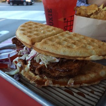 Bruxie - Original Chicken and Waffle Sandwich with Waffle Fries, a Seasonal Soda (Strawberry), and a side of extra Chili Honey - Breakfast & Brunch Near Me - Brea, California