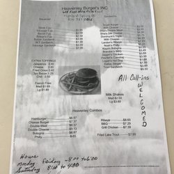Heavenly Burgers - Menu as of 1/2017...