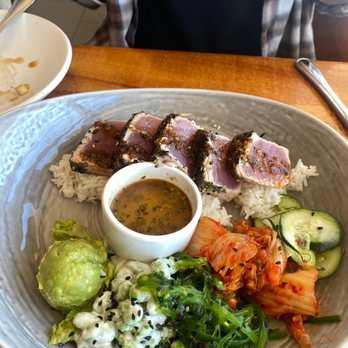 Duke's Malibu - Seared Ahi Bowl* with kimchi, edamame, seaweed, guacamole, cucumber and jasmine rice. - New American Near Me - Malibu, California