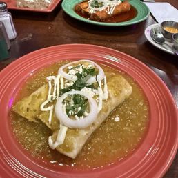 Enchiladas with green sauce and enchiladas with red sauce