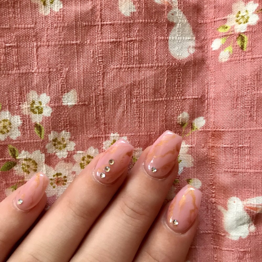 Sparkle Nails Corp - Gel set #3 - Pink and gold marble with rhinestones. I'm absolutely in love! - Waxing Near Me - Kaneohe, Hawaii Sparkle Nails Corp - Gel set #3 - Pink and gold marble with rhinestones. I'm absolutely in love! - Waxing Near Me - Kaneohe, Hawaii