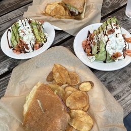 Crispy chicken strip sammich with home sliced chips and a wedge salad Crispy chicken strip sammich with home sliced chips and a wedge salad