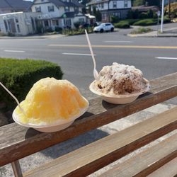Shave ice: small lilikoi/banana, small root beer with condensed milk
