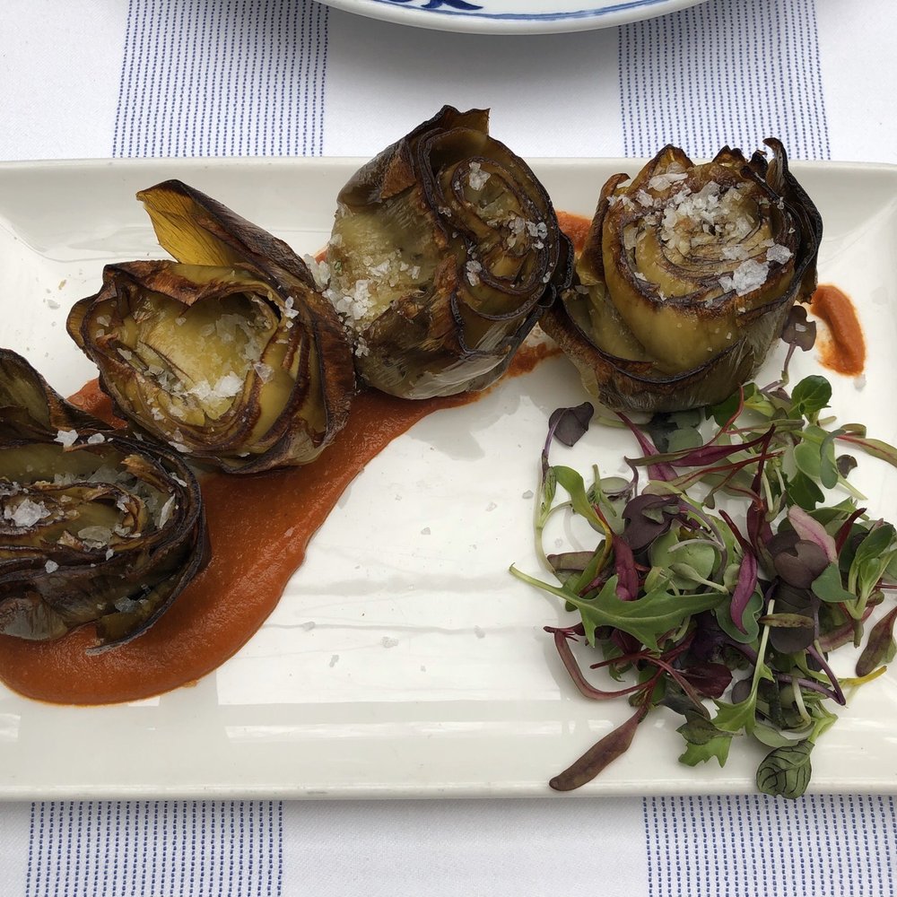 Arzábal - Artichokes with delicious sauce (roasted red pepper or smoked tomato? I'm not sure) and microgreens - Spanish Near Me - Madrid, M