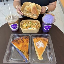 The Purple Bakeshop - Halo-Halo, Palabok (Filipino Noodle dish) Ube Latte, a slice of Cassava cake and Ube Cassava Cake