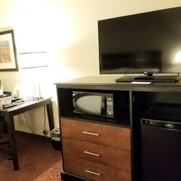 Mini fridge, microwave and coffee maker