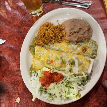 Poco & Moms - Red chili pork enchiladas with green chili on the top - American Near Me - Tucson, Arizona