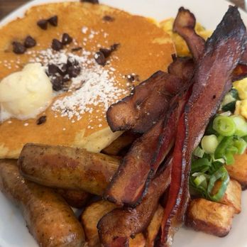 Milkweed - Morning Madness-Eggs,Bacon,Sausage,Ham and French Toast. I subbed out ham and did a chocolate chip pancake. - Coffee & Tea Near Me - Dorchester, Massachusetts