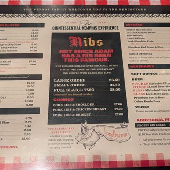 Charlie Vergos' Rendezvous - Menu 5-2026  Main event Ribs smack middle of menu - Barbeque Near Me - Memphis, Tennessee