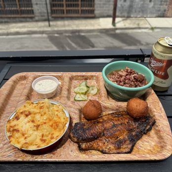 Good Hot Fish - Blackened catfish plate with red eyed peas and Mac and cheese. - Fish & Chips Near Me - Asheville, North Carolina