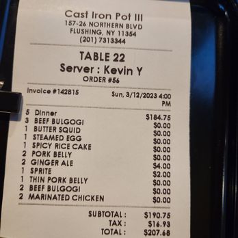 The Cast Iron Pot 3 - The bill - Korean Near Me - Flushing, New York