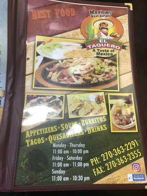 Menu photo 2 El Taquero Mexican Restaurant Lexington, KY