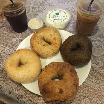 Bagelsaurus - Cold brew coffee (black and sugar&milk). Cream cheese: honey Rosemary 2 oz. & scallion 8 oz. bagels: plain, onion, pumpernickel, cinny rais - Bagels Near Me - Cambridge, Massachusetts