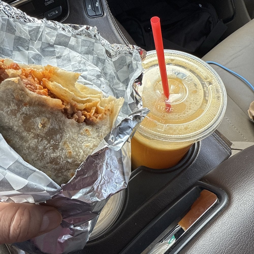 Delicious breakfast burritos and freshly squeeze orange juice