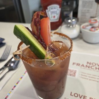 Turning Point - Delicious Morning Mary with Tomatoe, Cucumber, Bacon garnish. Appetizer in a glass. - Breakfast & Brunch Near Me - Newark, Delaware