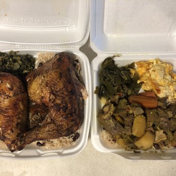 Jerk N Jive Caribbean Kitchen - 1/2 Jerk Chicken Dinner with Callao & Curry Goat Dinner with Macaroni and Cheese and Collard Greens - Caribbean Near Me - Frederick, Maryland Jerk N Jive Caribbean Kitchen - 1/2 Jerk Chicken Dinner with Callao & Curry Goat Dinner with Macaroni and Cheese and Collard Greens - Caribbean Near Me - Frederick, Maryland