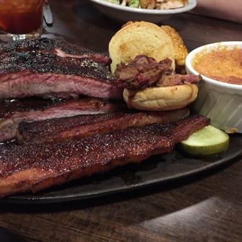 Fink's BBQ Roadhouse - Pork Platter featuring Pork Belly strips (foreground), Pulled Pork slider, and 4 pork spare ribs - American Near Me - Suffern, New York