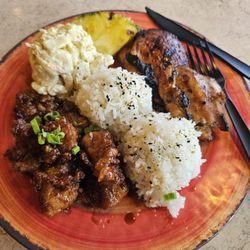 2 meat plate - sticky chicken and teriyaki chicken. Both were amazing
