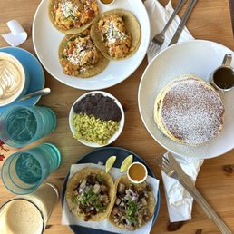 Breakfast tacos, pancakes, carnitas tacos, cafe con leche, brown sugar sage latte