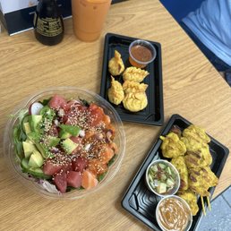 Mambo Combo Poke Bowl, Crab Rangoon, and Chicken Satay.