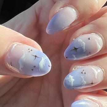 Zen Nail Spa - Peach to lavender ombré with artistic embellishments of clouds and silver and gold stars! - Nail Salons Near Me - Chattanooga, Tennessee