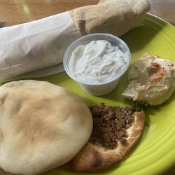 King of Basturma - The Shawarma, hummus and fresh pita are delicious. Also pictured is Armenian pizza (Lahmajoun) and garlic paste.