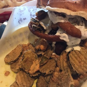 Beach House Grille - Shipwreck Burger with fried pickles falling out (wrecked) - American Near Me - Mayodan, North Carolina