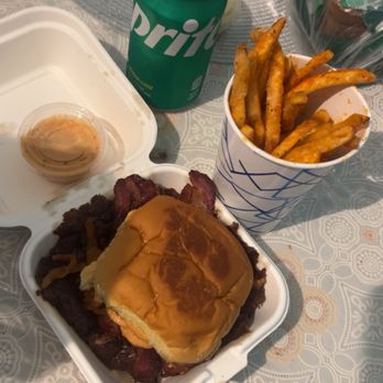 Hotline Burger - HOTLINE BURGER, HOT GARLIC PARMESAN FRIES, SMACK SAUCE and SPRITE - Burgers Near Me - Houston, Texas