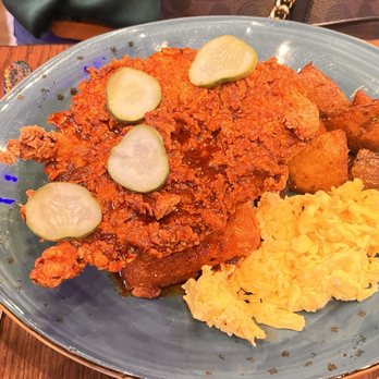 Reba's Place - Nashville Hot fried chicken biscuit with eggs & potatoes - American Near Me - Atoka, Oklahoma Reba's Place - Nashville Hot fried chicken biscuit with eggs & potatoes - American Near Me - Atoka, Oklahoma
