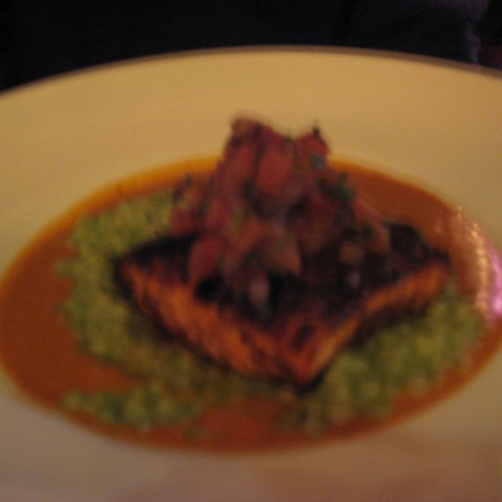 Zocalo - Grilled Salmon w/ green chili & goat cheese couscous, smoked pico, cascabel cream - New American Near Me - Charlottesville, Virginia Zocalo - Grilled Salmon w/ green chili & goat cheese couscous, smoked pico, cascabel cream - New American Near Me - Charlottesville, Virginia