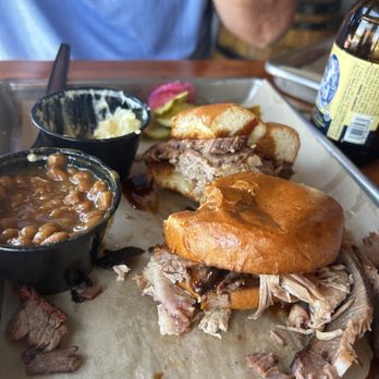 Seasoned Swine BBQ - The Meathead with sides of beans and potato salad (sorry, I forgot to snap the pic before we dove in) - Barbeque Near Me - Golden, Colorado