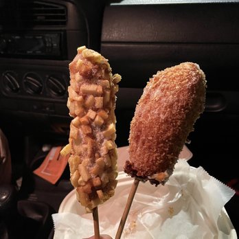 Kimchipapi Kitchen - Potato Corndog with Beef (left) & Korean Street Corndog with mozzarella (right) - I LOVE! - Korean Near Me - Allston, Massachusetts Kimchipapi Kitchen - Potato Corndog with Beef (left) & Korean Street Corndog with mozzarella (right) - I LOVE! - Korean Near Me - Allston, Massachusetts