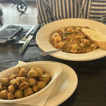 Cypress Grill - Fried okra as a side and shrimps & grits. - American Near Me - Austin, Texas Cypress Grill - Fried okra as a side and shrimps & grits. - American Near Me - Austin, Texas